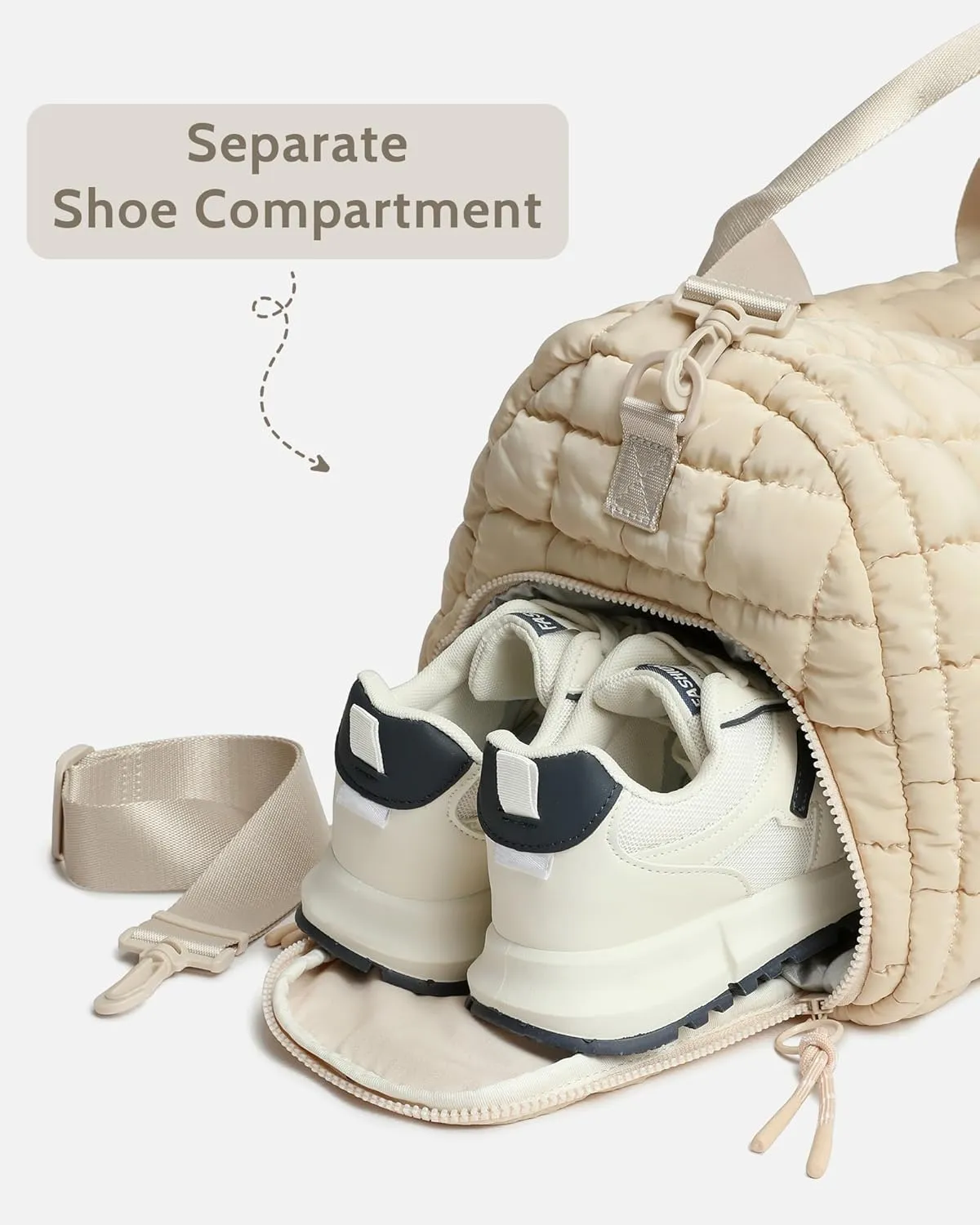 Quilted Duffel Bag for Women, Puffer Gym Duffle Bag with Shoe Compartment Lightweight Large Crossbody Sport Bag Travel Tote Beige