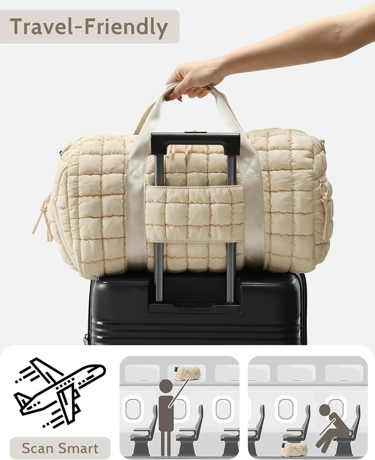 Quilted Duffel Bag for Women, Puffer Gym Duffle Bag with Shoe Compartment Lightweight Large Crossbody Sport Bag Travel Tote Beige