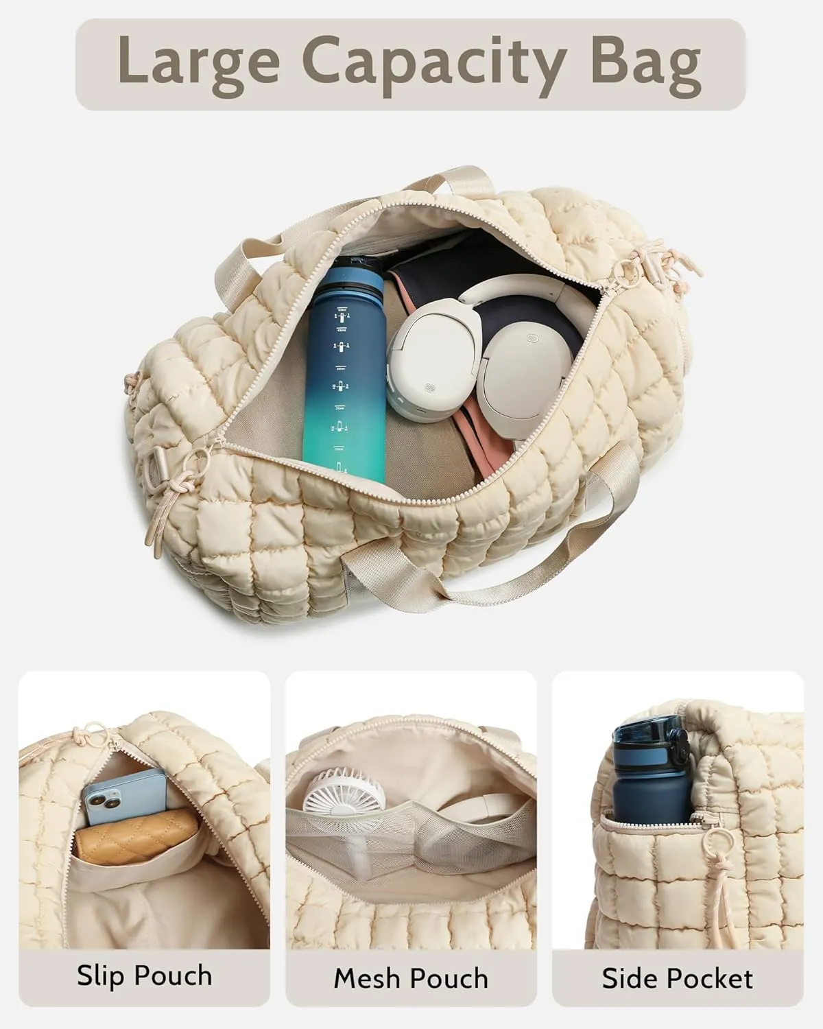 Quilted Duffel Bag for Women, Puffer Gym Duffle Bag with Shoe Compartment Lightweight Large Crossbody Sport Bag Travel Tote Beige