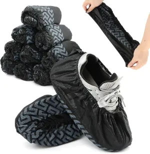 Quixleen 100 Pcs Disposable Non-Slip X Large Elastic Fit Shoe Covers, Black Breathable and Durable Boot and Shoe Booties Fits US Most Shoe Sizes for Indoor(Black)
