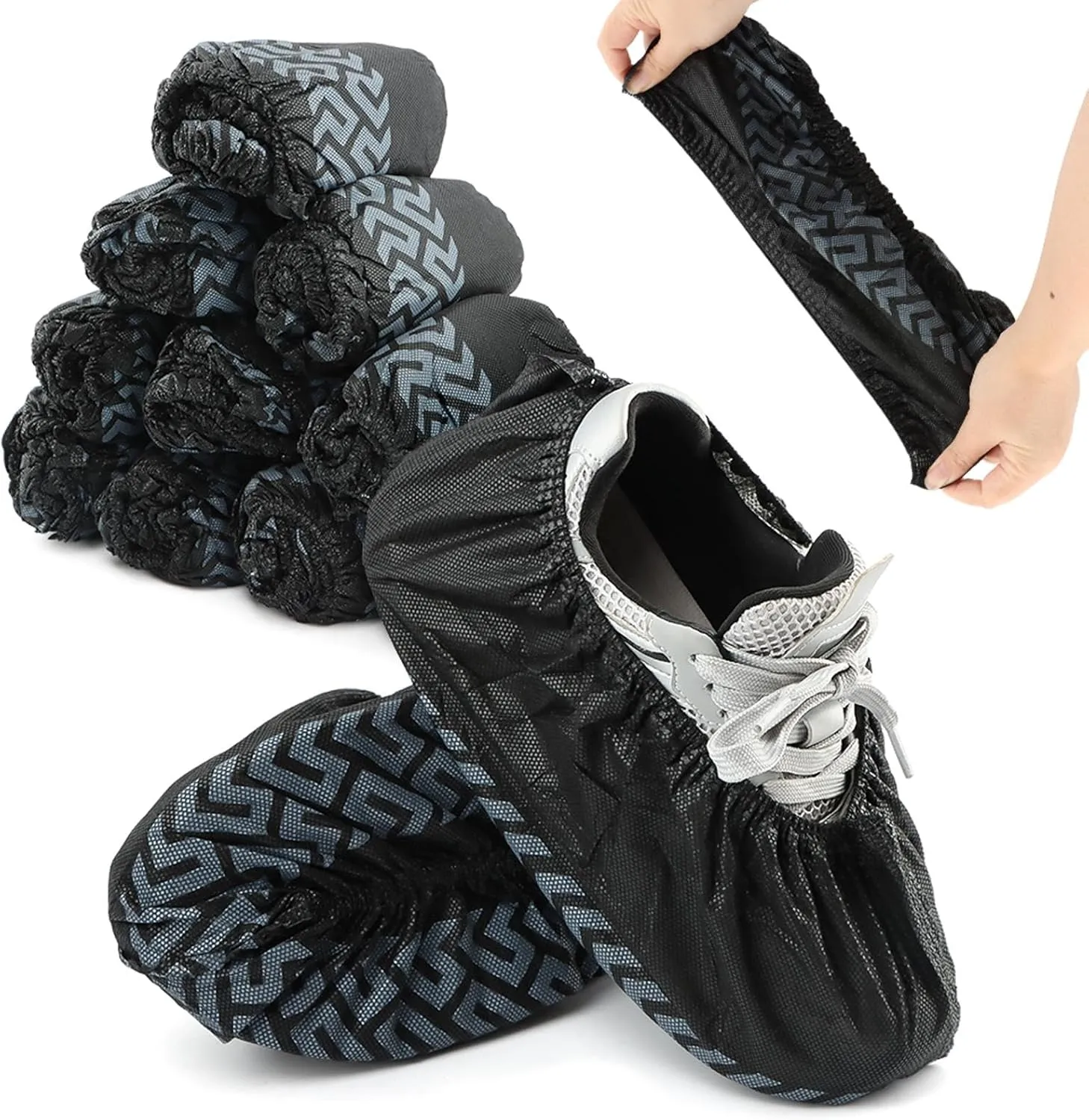 Quixleen 100 Pcs Disposable Non-Slip X Large Elastic Fit Shoe Covers, Black Breathable and Durable Boot and Shoe Booties Fits US Most Shoe Sizes for Indoor(Black)