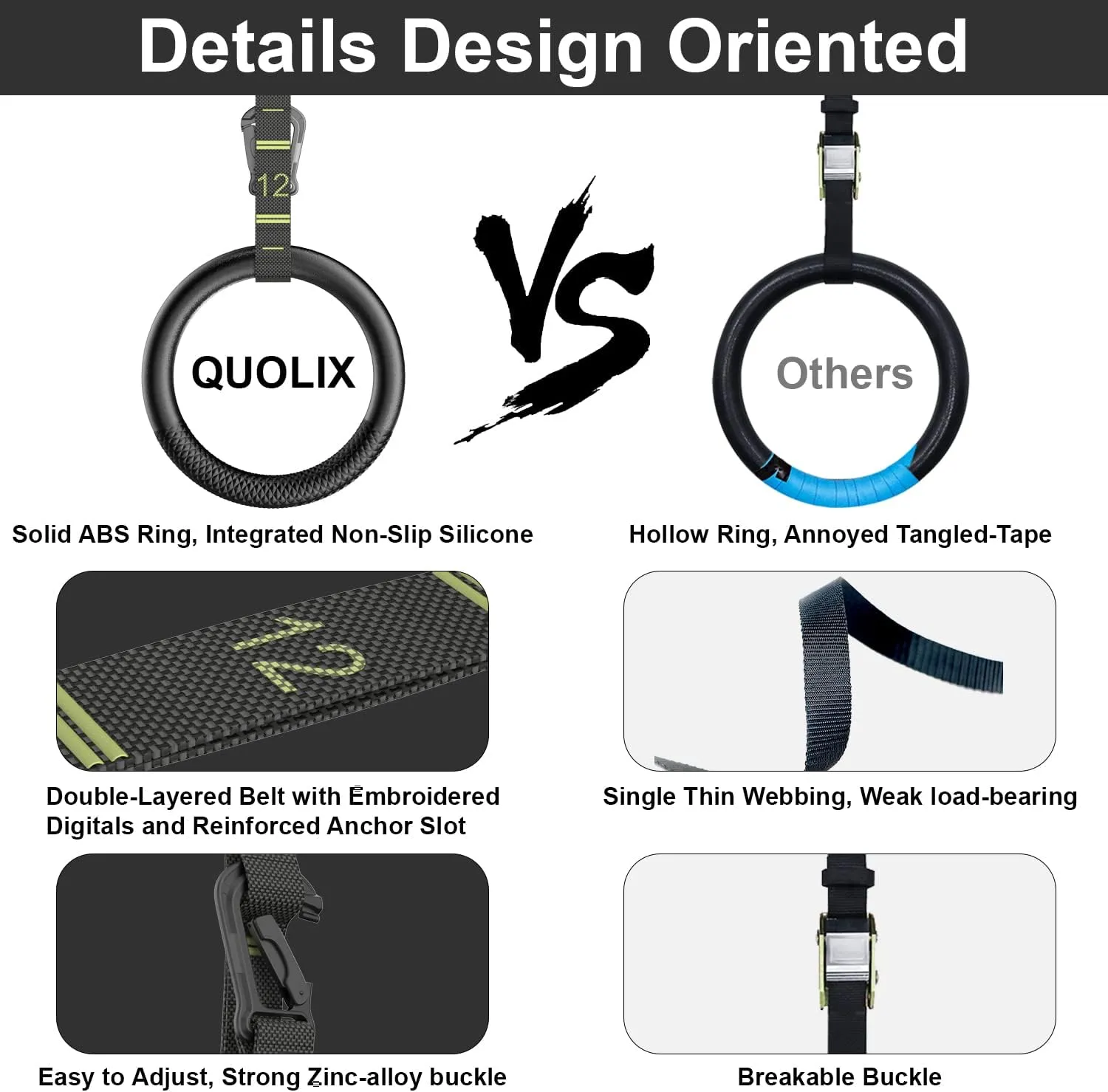 QUOLIX Gymnastic Rings with Adjustable Straps, Non-Slip Pull Up Rings with Straps, 1300lbs Exercise Rings with Straps for Home, Gymnastics Rings for Home Gym, Workout, Exercise, Training, Calisthenic