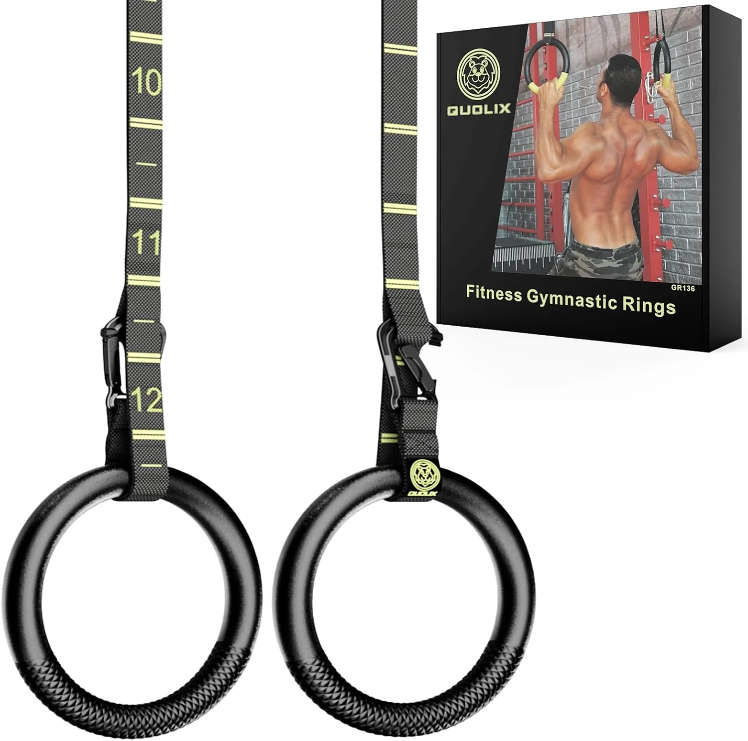 QUOLIX Gymnastic Rings with Adjustable Straps, Non-Slip Pull Up Rings with Straps, 1300lbs Exercise Rings with Straps for Home, Gymnastics Rings for Home Gym, Workout, Exercise, Training, Calisthenic