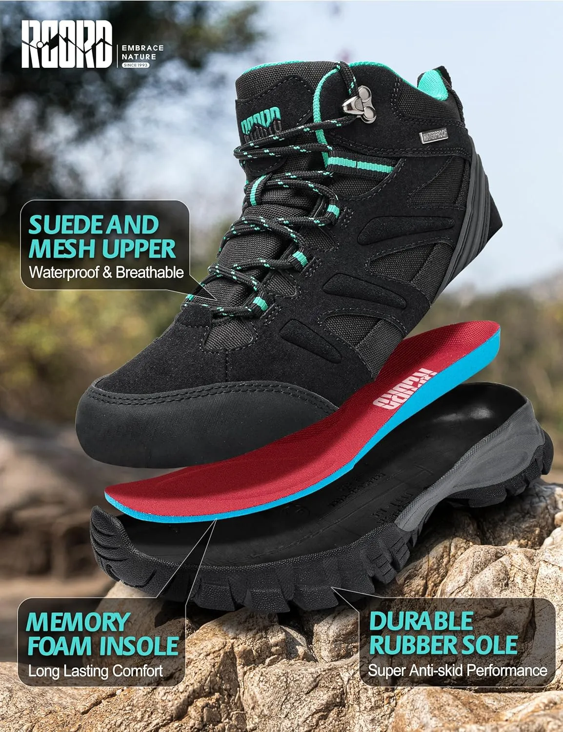 R CORD Hiking Boots Women Waterproof Womens Hiking Boots Ankle Support Hiking Boots for Women Durable Hiking Boot for Outdoors Womens Mountaineering Boots