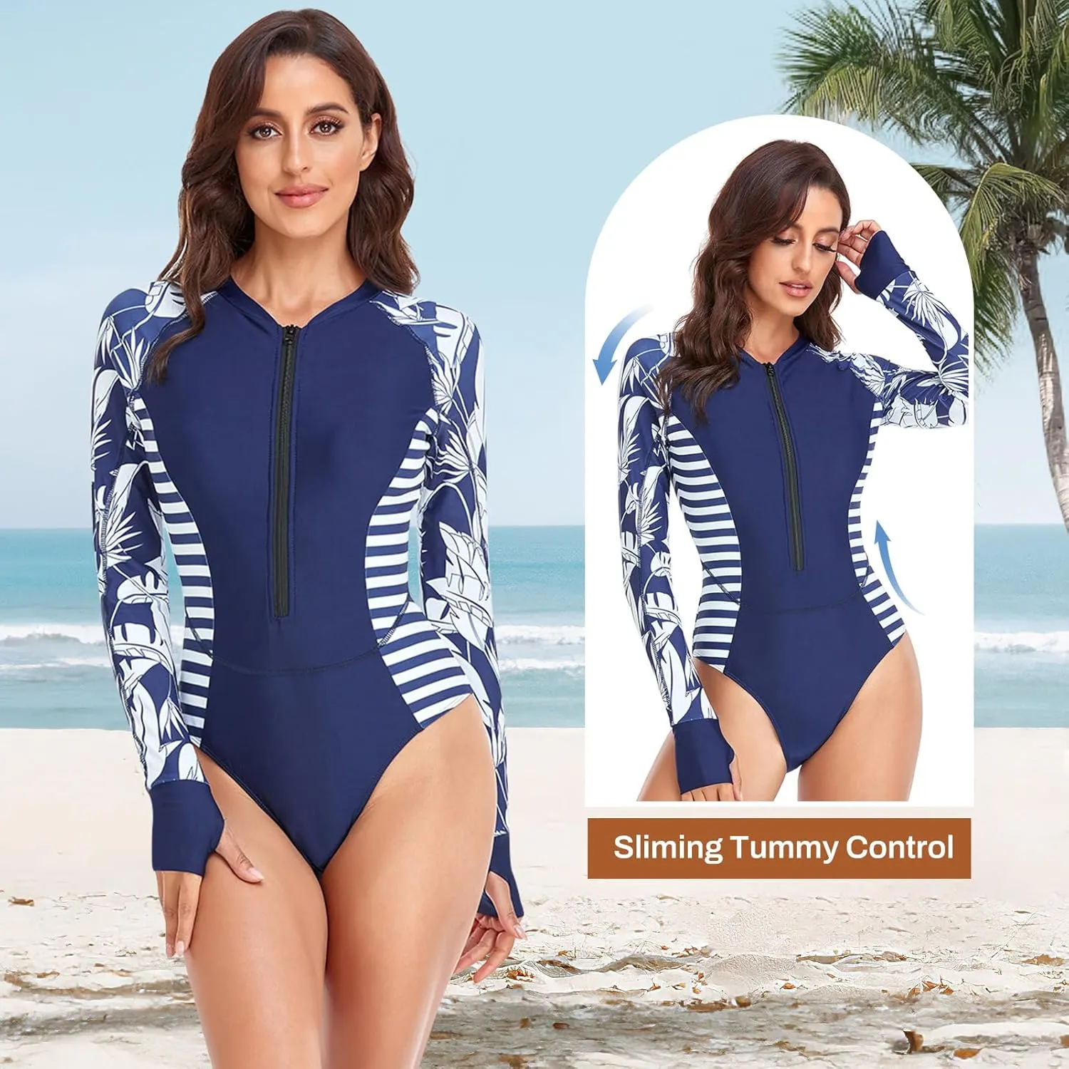 Rash Guard Long Sleeve One Piece Swimsuit for Women Zip Up Bathing Suits Sun Protection Swimwear with Built in Bra
