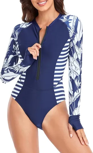 Rash Guard Long Sleeve One Piece Swimsuit for Women Zip Up Bathing Suits Sun Protection Swimwear with Built in Bra