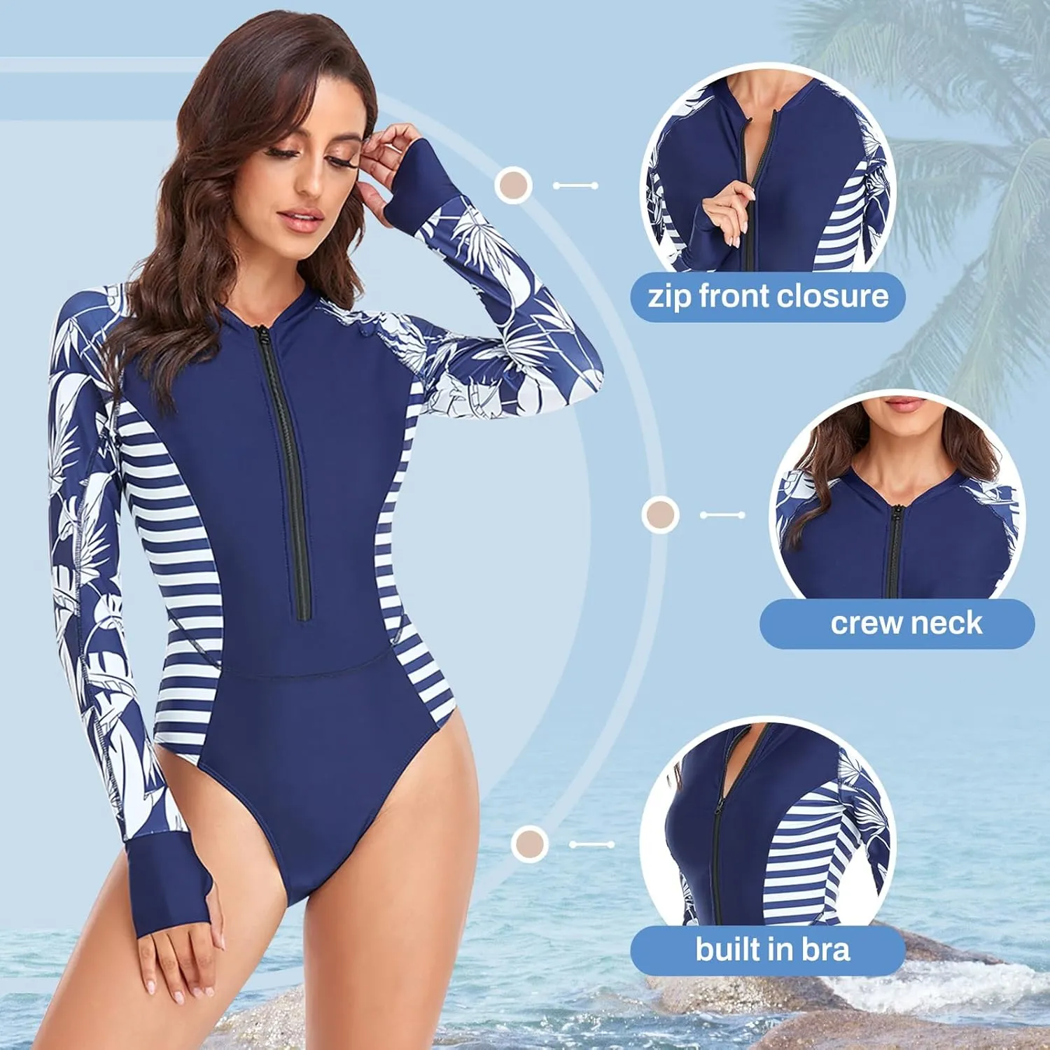 Rash Guard Long Sleeve One Piece Swimsuit for Women Zip Up Bathing Suits Sun Protection Swimwear with Built in Bra