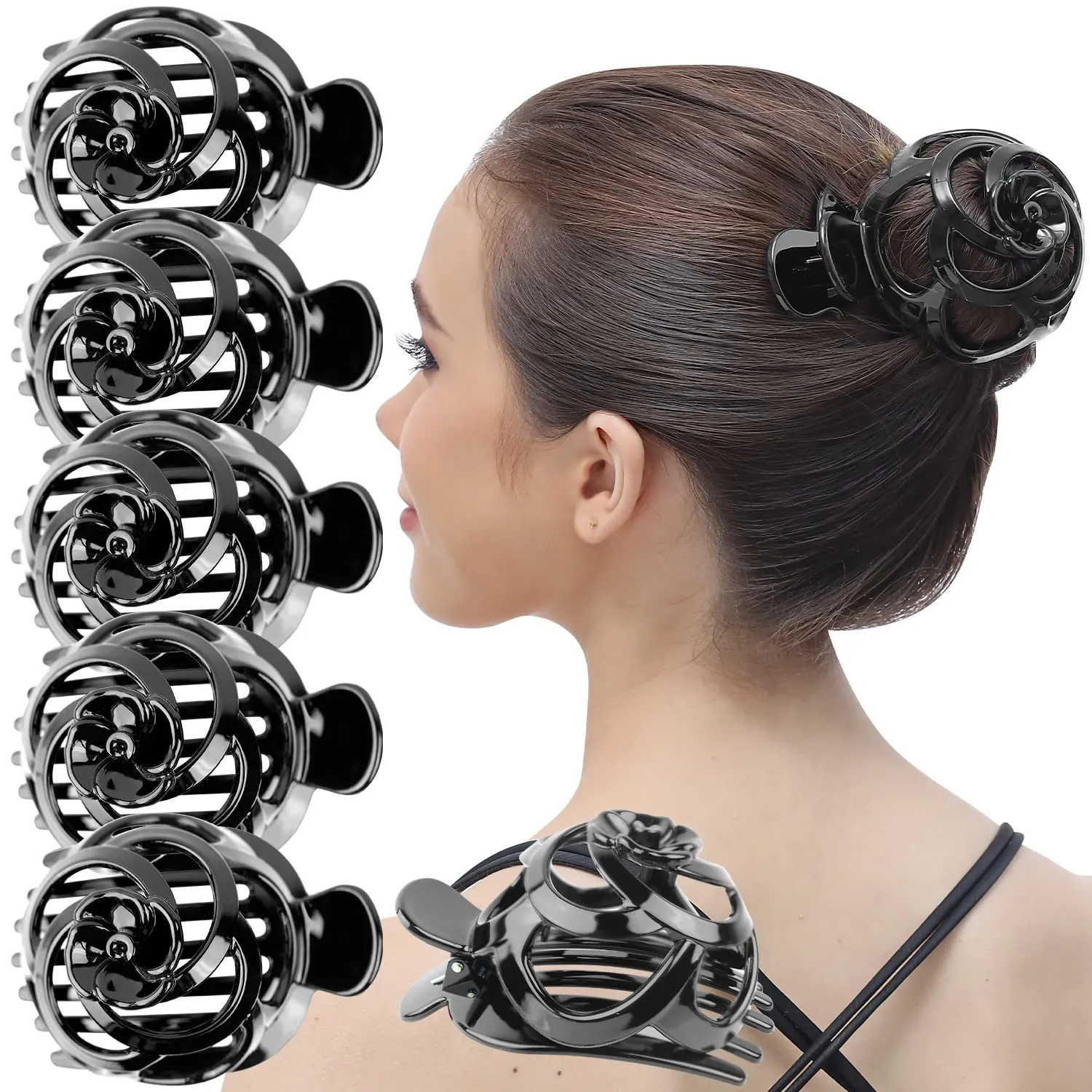 RC ROCHE ORNAMENT 6 Pcs Bun Maker Womens Hair Clip Side Slide Bun Round Dome Comb Clamp Updo Bird Nest Shell Plastic No Slip Strong Grip, Large Black