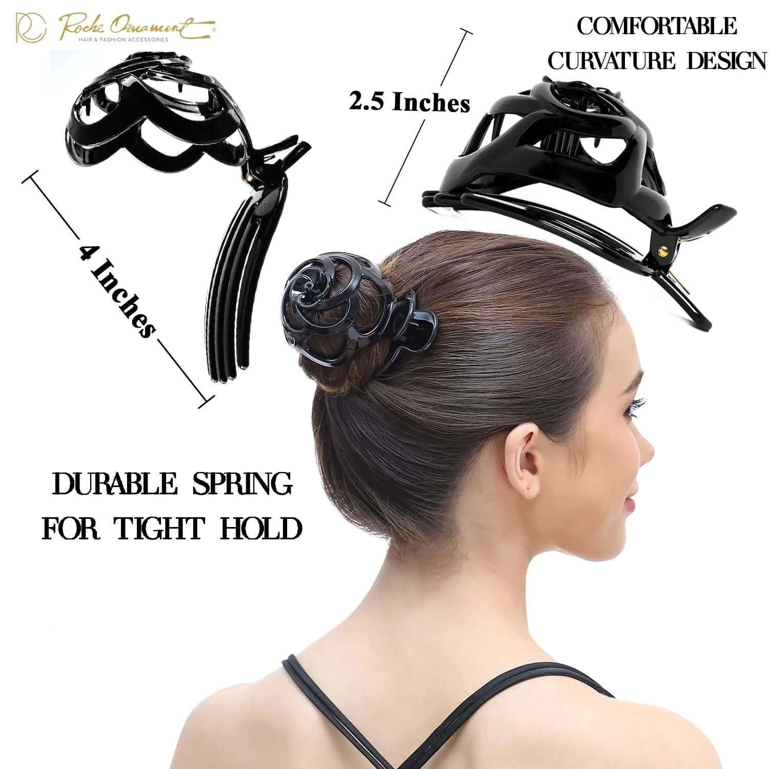RC ROCHE ORNAMENT 6 Pcs Bun Maker Womens Hair Clip Side Slide Bun Round Dome Comb Clamp Updo Bird Nest Shell Plastic No Slip Strong Grip, Large Black