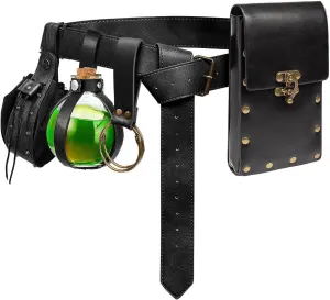 Renaissance Belt Pouch Coin Purse Skirt Hike Set Medieval Festival Costume Halloween Accessories Casual Fanny Pack Waist Bag (Pouch & Bottle-Black)