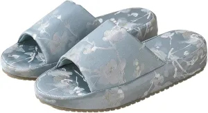 Retro Embroidered Thick Sole Slippers Women Single Strap Slides Run Small Silk-Like Upper Soft TPR Anti-Slip Soles Indoor Shoes
