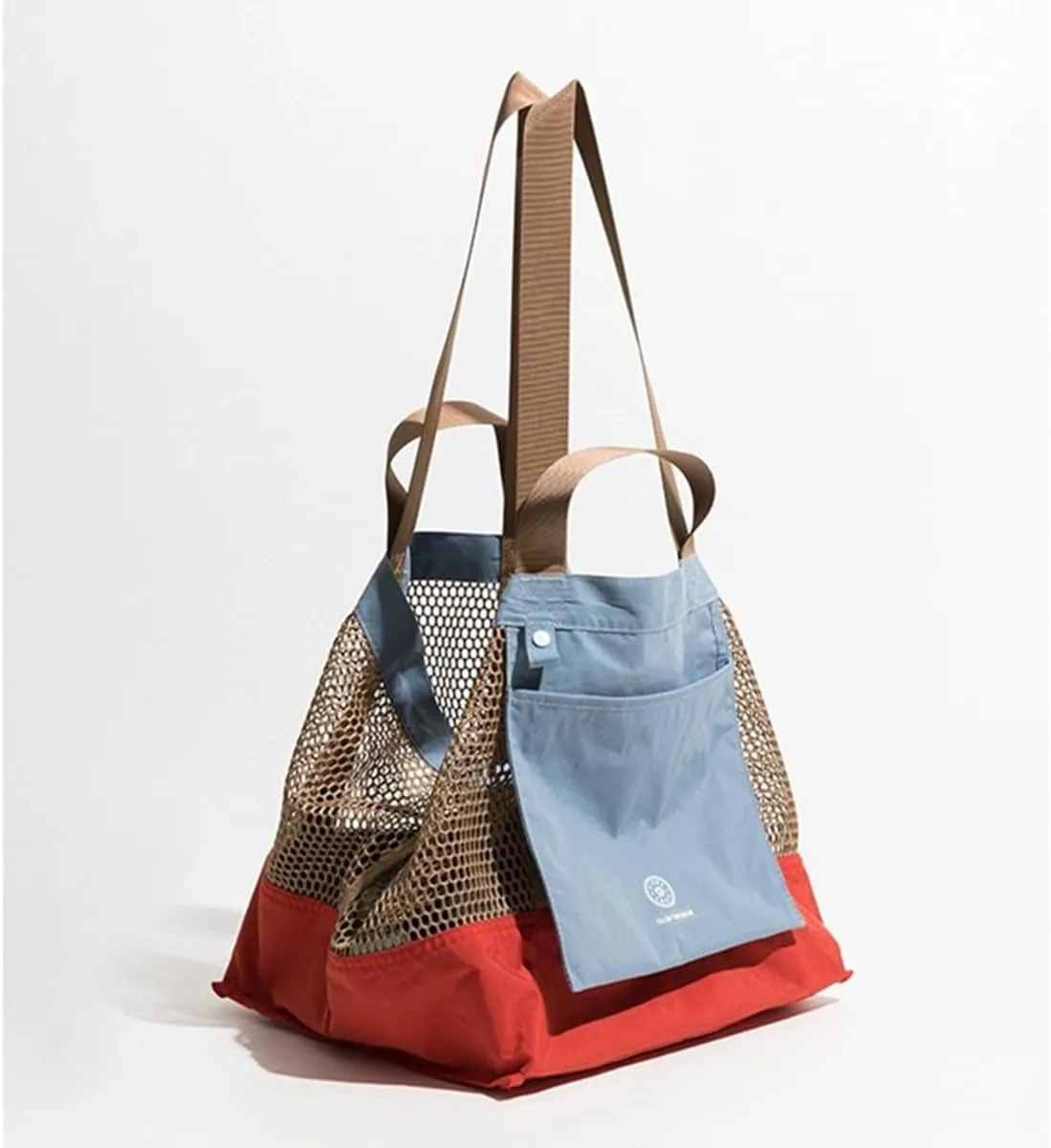 Reversible Mesh Canvas Tote Bag - Two-Tone Patchwork Shoulder Bag, Lightweight & Foldable for Beach, Gym, Travel
