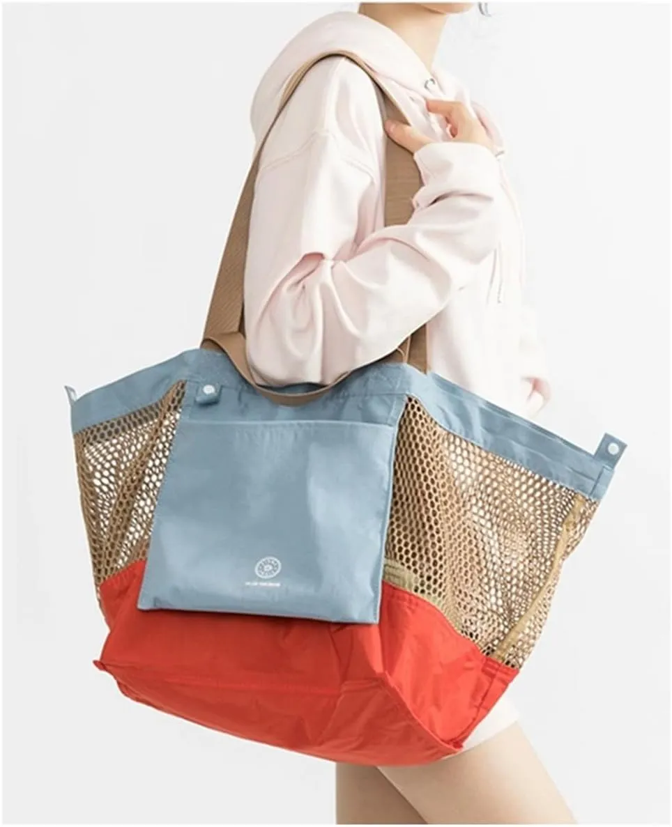 Reversible Mesh Canvas Tote Bag - Two-Tone Patchwork Shoulder Bag, Lightweight & Foldable for Beach, Gym, Travel