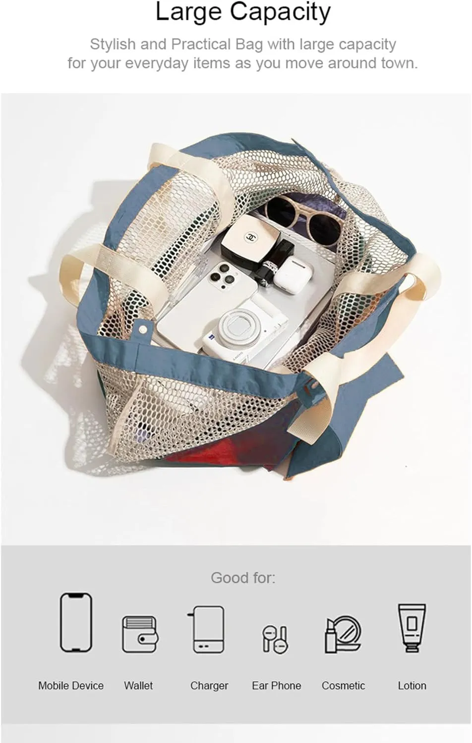Reversible Mesh Canvas Tote Bag - Two-Tone Patchwork Shoulder Bag, Lightweight & Foldable for Beach, Gym, Travel