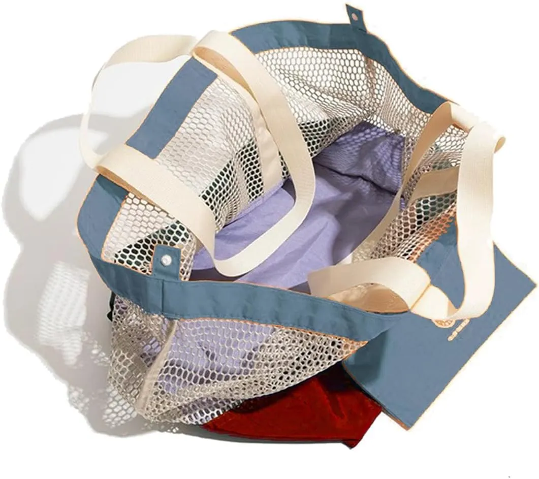 Reversible Mesh Canvas Tote Bag - Two-Tone Patchwork Shoulder Bag, Lightweight & Foldable for Beach, Gym, Travel
