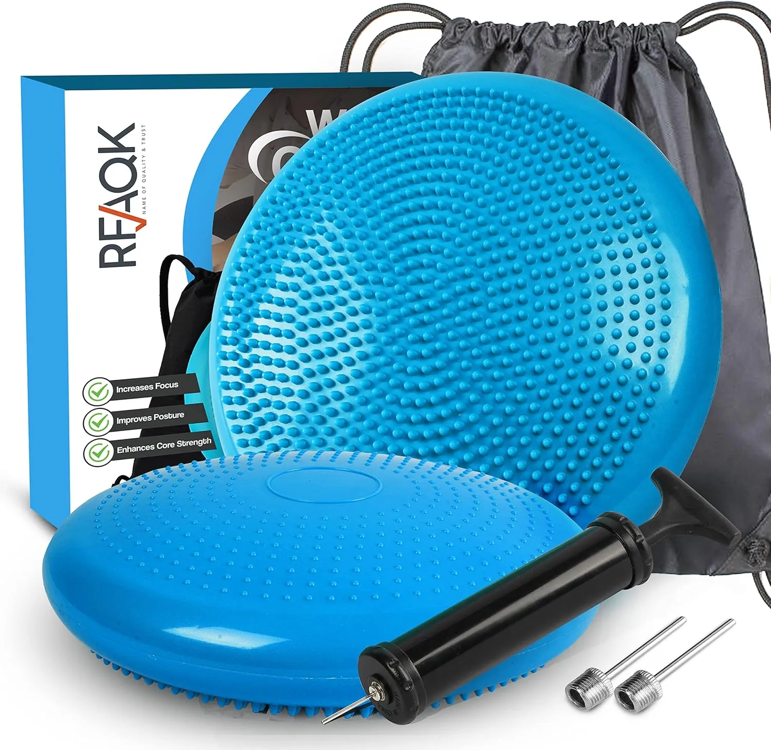 RFAQK Inflated Air Stability Wobble Cushion - Wiggle Seat to Improve Sitting Posture & Attention, Stability Balance Disc [Extra Thick, Pump, Bag, E-Book Included]