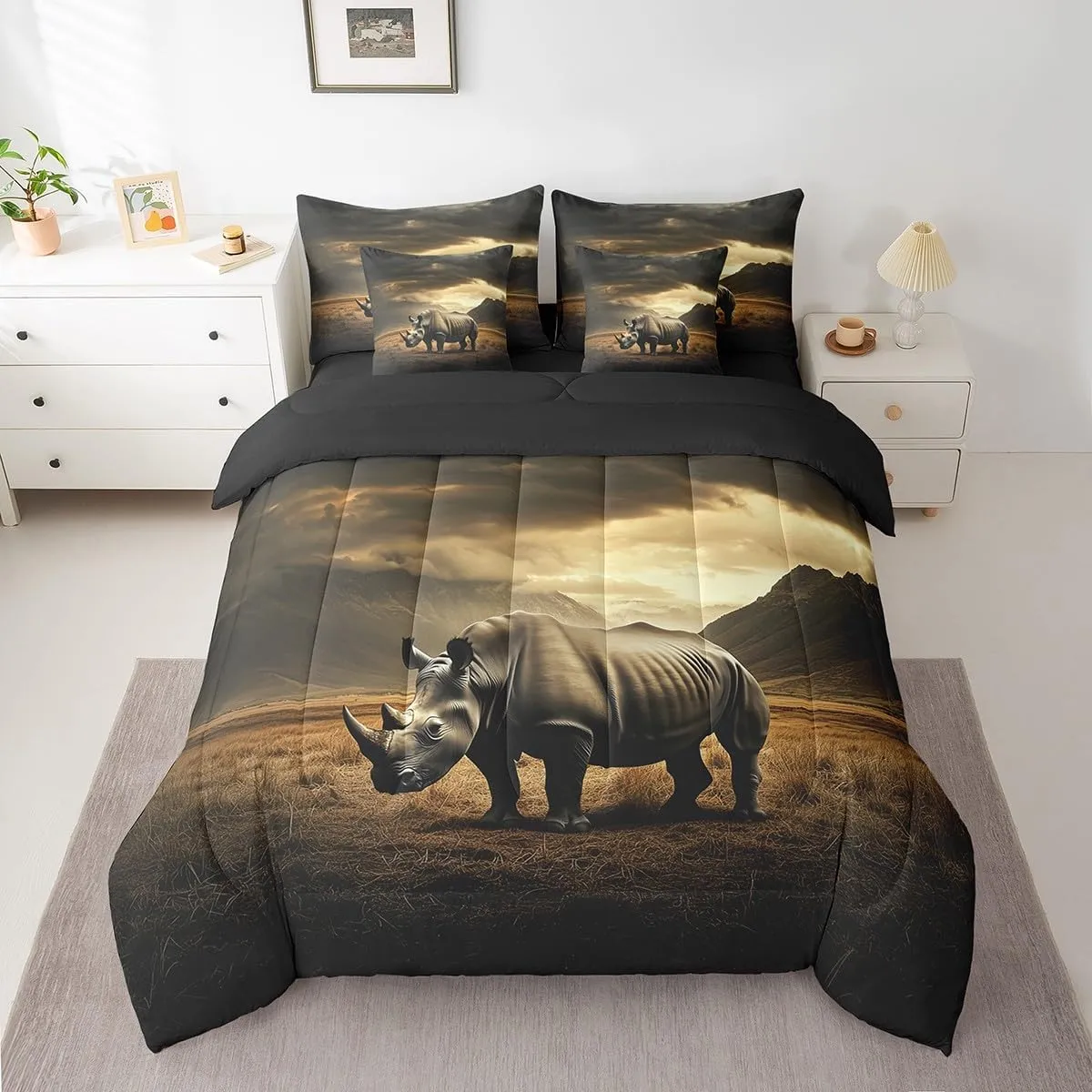 Rhinoceros Twin Bedding Set 7 Pieces,African Wild Animal Rhino Comforter Set with Sheets for Kids,Natural Wildlife Mystic Mount Clouds Sky Bed Set in a Bag with Pillow Covers