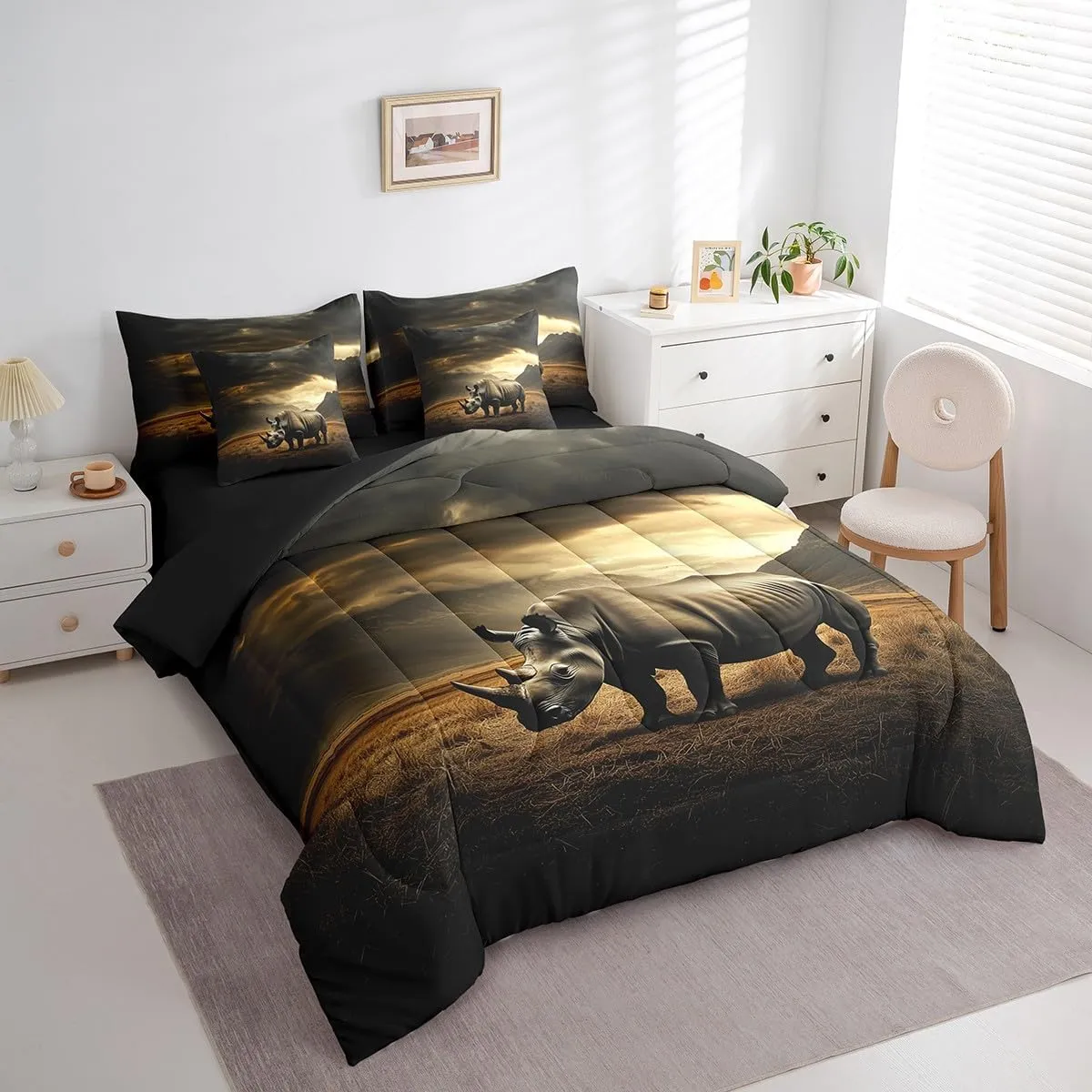 Rhinoceros Twin Bedding Set 7 Pieces,African Wild Animal Rhino Comforter Set with Sheets for Kids,Natural Wildlife Mystic Mount Clouds Sky Bed Set in a Bag with Pillow Covers