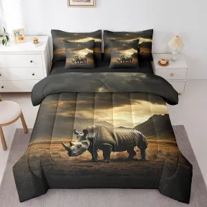 Rhinoceros Twin Bedding Set 7 Pieces,African Wild Animal Rhino Comforter Set with Sheets for Kids,Natural Wildlife Mystic Mount Clouds Sky Bed Set in a Bag with Pillow Covers