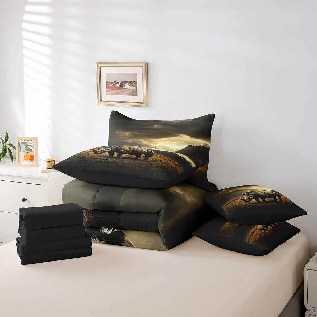 Rhinoceros Twin Bedding Set 7 Pieces,African Wild Animal Rhino Comforter Set with Sheets for Kids,Natural Wildlife Mystic Mount Clouds Sky Bed Set in a Bag with Pillow Covers