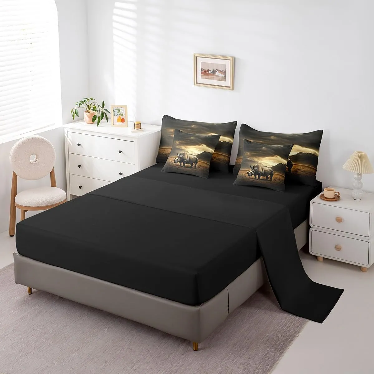 Rhinoceros Twin Bedding Set 7 Pieces,African Wild Animal Rhino Comforter Set with Sheets for Kids,Natural Wildlife Mystic Mount Clouds Sky Bed Set in a Bag with Pillow Covers