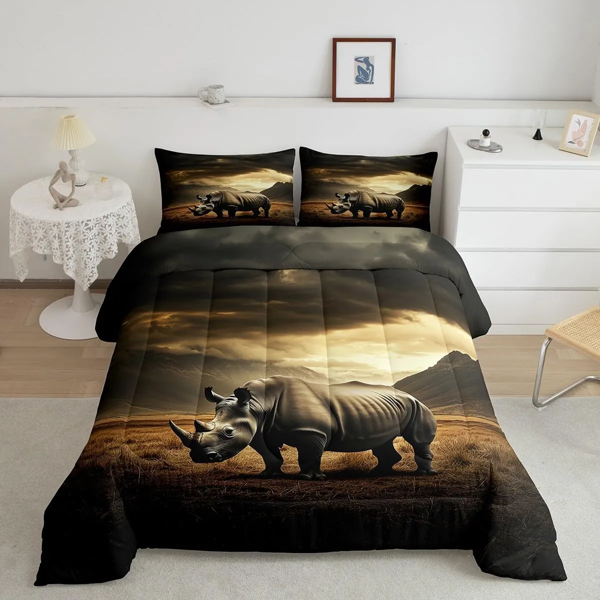 Rhinoceros Twin Bedding Set 7 Pieces,African Wild Animal Rhino Comforter Set with Sheets for Kids,Natural Wildlife Mystic Mount Clouds Sky Bed Set in a Bag with Pillow Covers