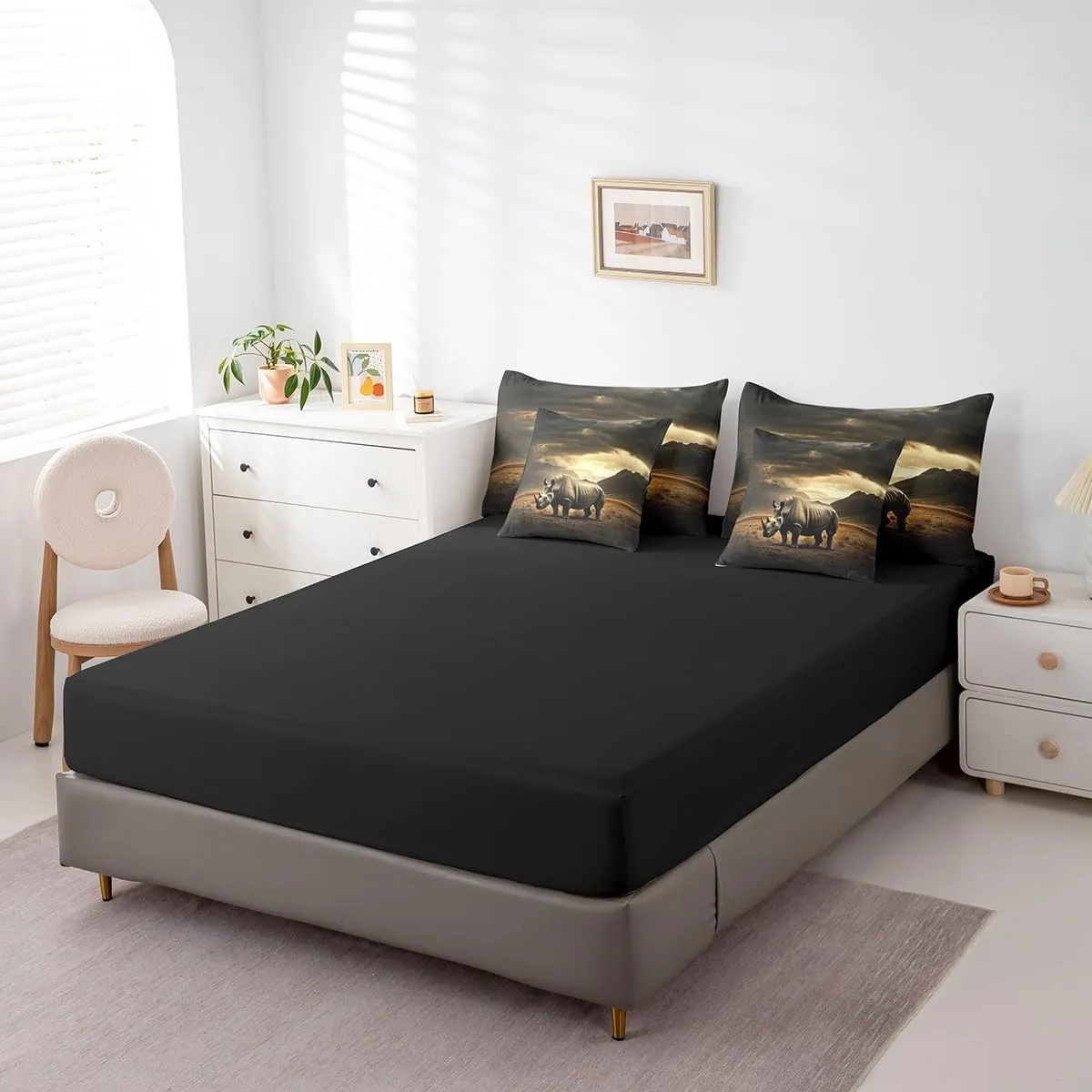 Rhinoceros Twin Bedding Set 7 Pieces,African Wild Animal Rhino Comforter Set with Sheets for Kids,Natural Wildlife Mystic Mount Clouds Sky Bed Set in a Bag with Pillow Covers