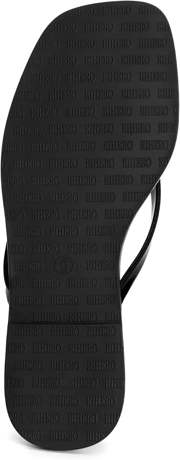 Rihero Flip Flops for Women Comfortable Square Toe Beach Sandals Slip On Leather Thong Flat Sandals Dressy