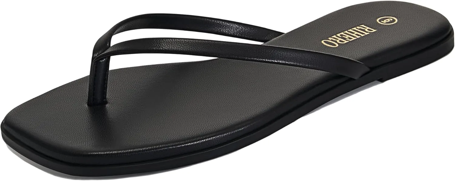 Rihero Flip Flops for Women Comfortable Square Toe Beach Sandals Slip On Leather Thong Flat Sandals Dressy