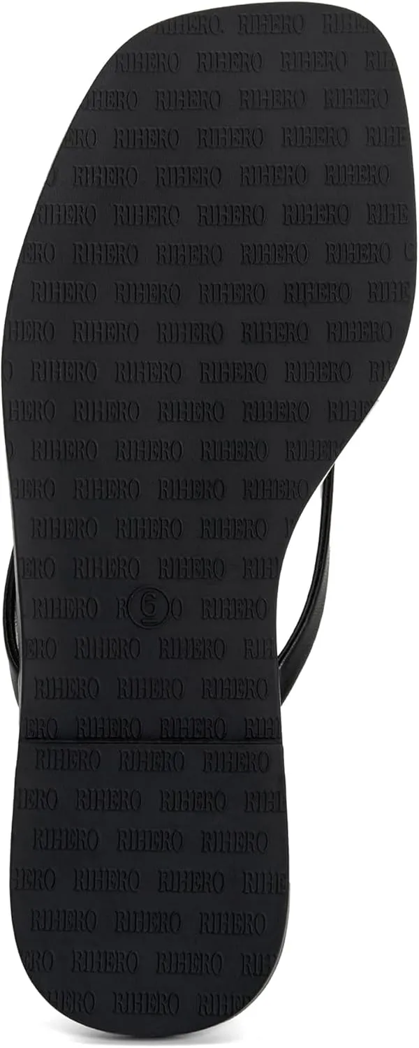 Rihero Flip Flops for Women Comfortable Square Toe Beach Sandals Slip On Leather Thong Flat Sandals Dressy