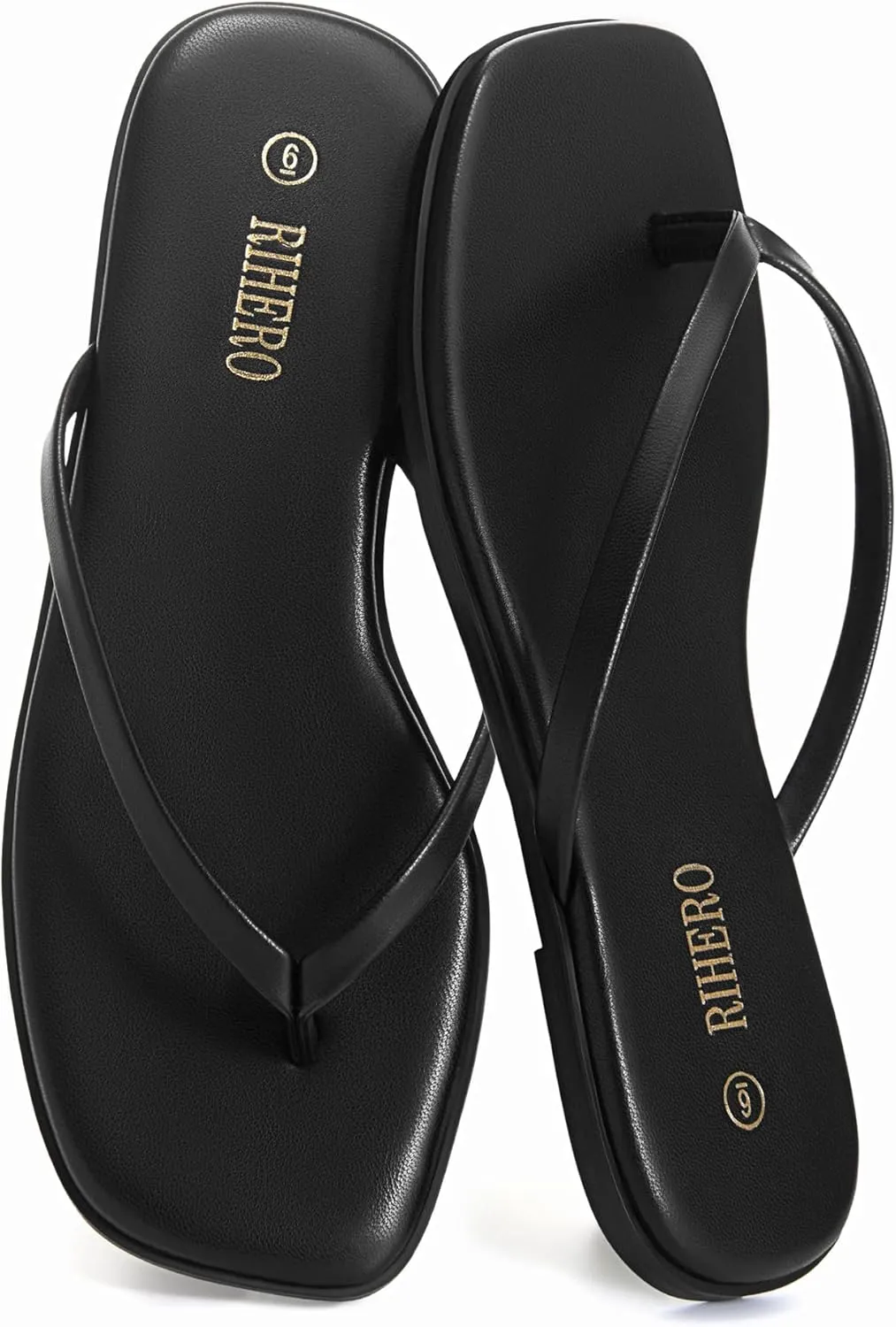Rihero Flip Flops for Women Comfortable Square Toe Beach Sandals Slip On Leather Thong Flat Sandals Dressy