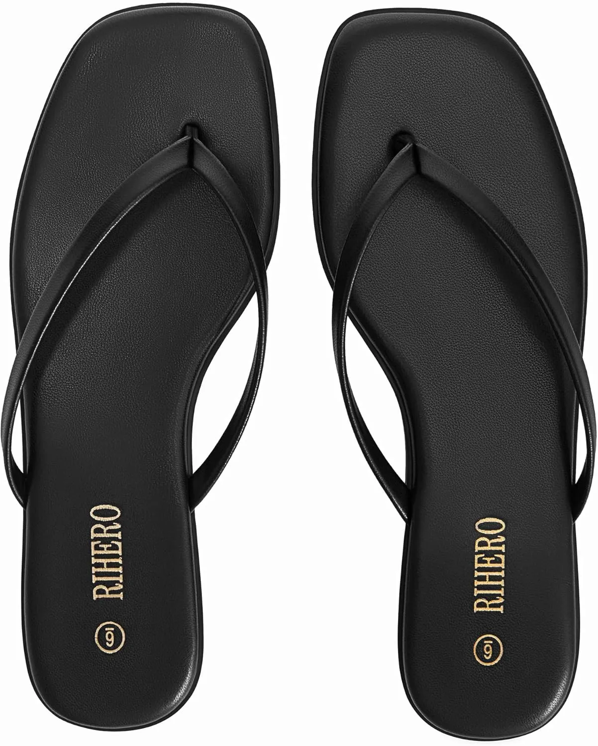 Rihero Flip Flops for Women Comfortable Square Toe Beach Sandals Slip On Leather Thong Flat Sandals Dressy