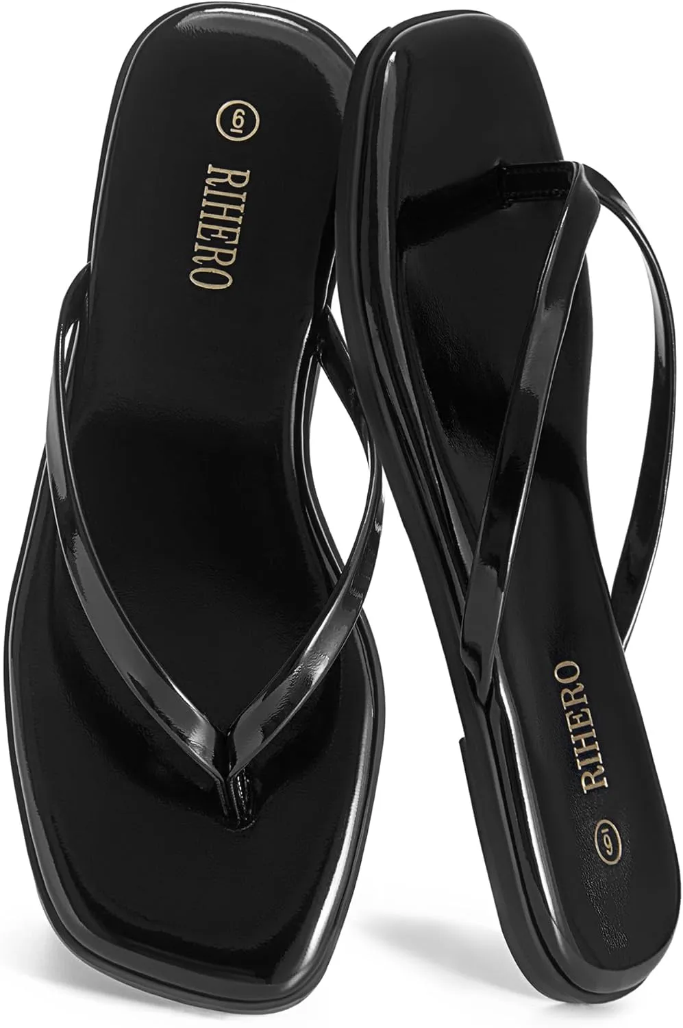 Rihero Flip Flops for Women Comfortable Square Toe Beach Sandals Slip On Leather Thong Flat Sandals Dressy