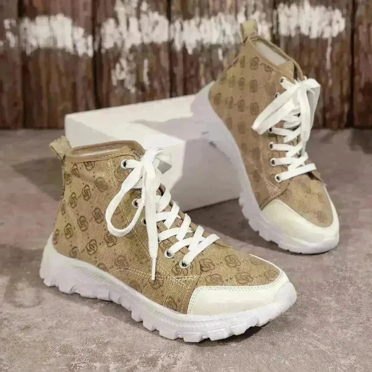 Rose-printed Lace-up Boots Fashion Breathable Canvas Shoes Sports Casual Non-slip Thick-soled Short Boot For Women