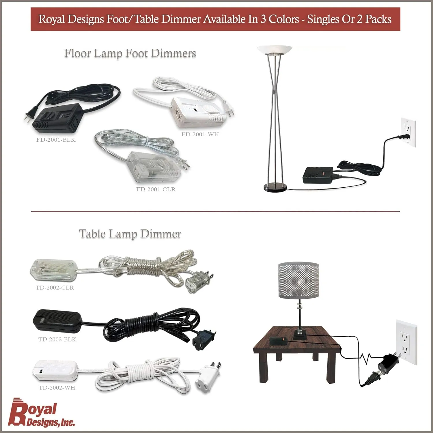 Royal Designs 300 Watt 6' Cord SPT-2 - Lamp Light Dimmer Foot Slider - Black- Pack of 2