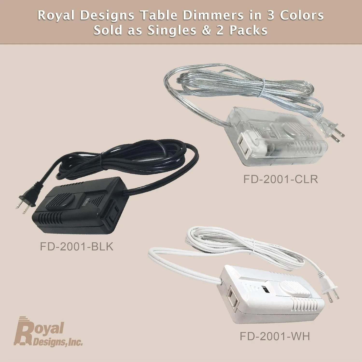 Royal Designs FD-2001-WH-2 Lamp Light Dimmer with Foot Slider, 300W 6' Cord SPT-2, White, Set of 2