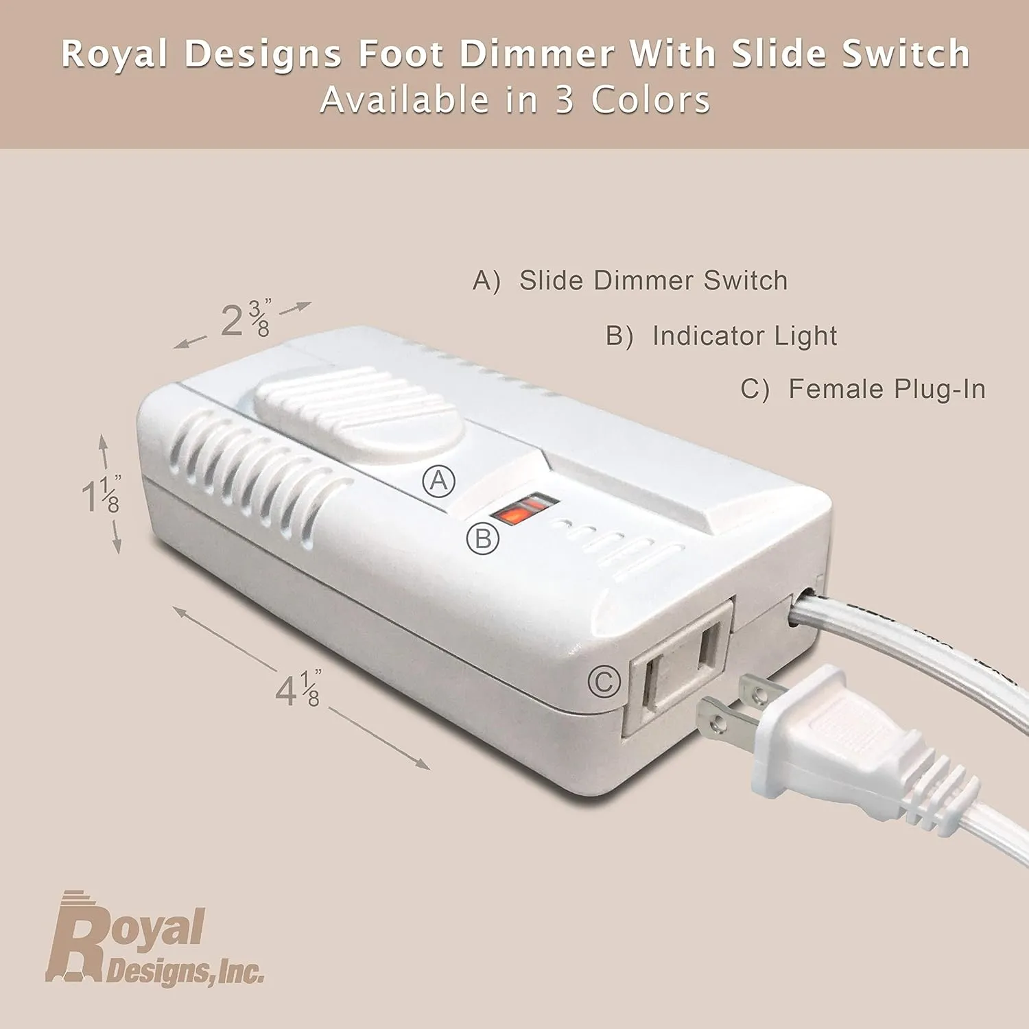 Royal Designs FD-2001-WH-2 Lamp Light Dimmer with Foot Slider, 300W 6' Cord SPT-2, White, Set of 2