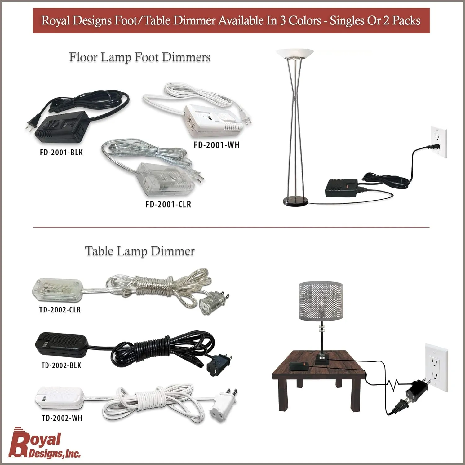 Royal Designs FD-2001-WH-2 Lamp Light Dimmer with Foot Slider, 300W 6' Cord SPT-2, White, Set of 2
