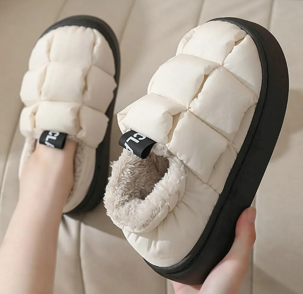 Rungion Furry Puffer Slippers for Women Men Warm Plush Lining House Slippers Comfy Wrap Heel Indoor Sandals Winter Outdoor