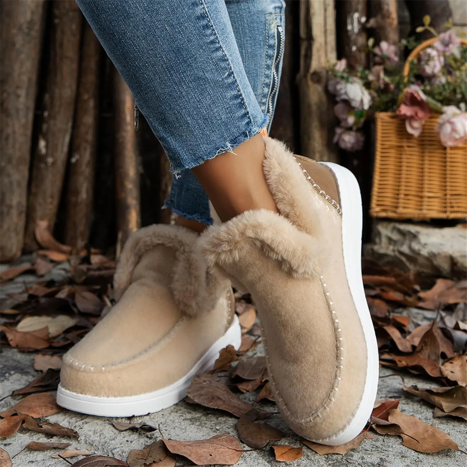 SACFOF Womens Winter Flat Fluffy Snow Boots,Warm Faux Fur Lining Anti-Slip Slip on Loafer Casual Outdoor Plush Short Booties