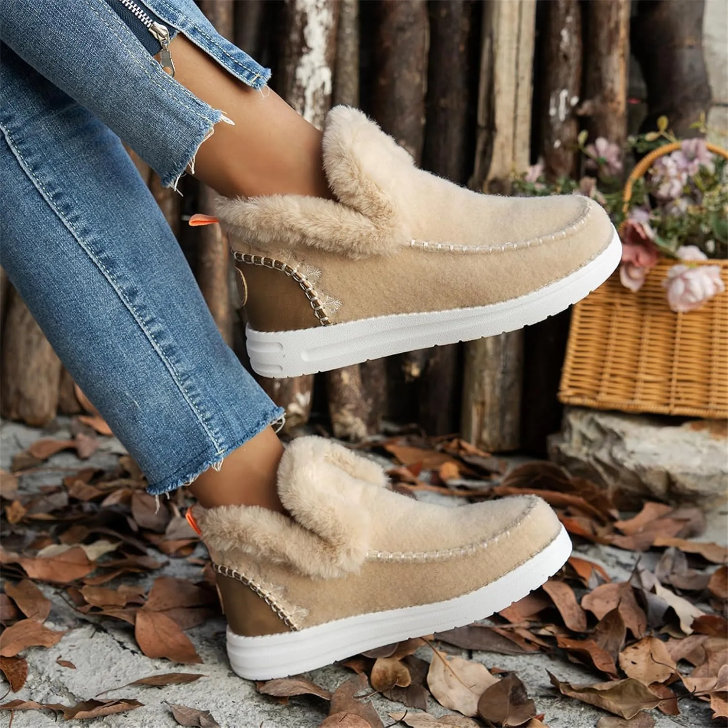 SACFOF Womens Winter Flat Fluffy Snow Boots,Warm Faux Fur Lining Anti-Slip Slip on Loafer Casual Outdoor Plush Short Booties