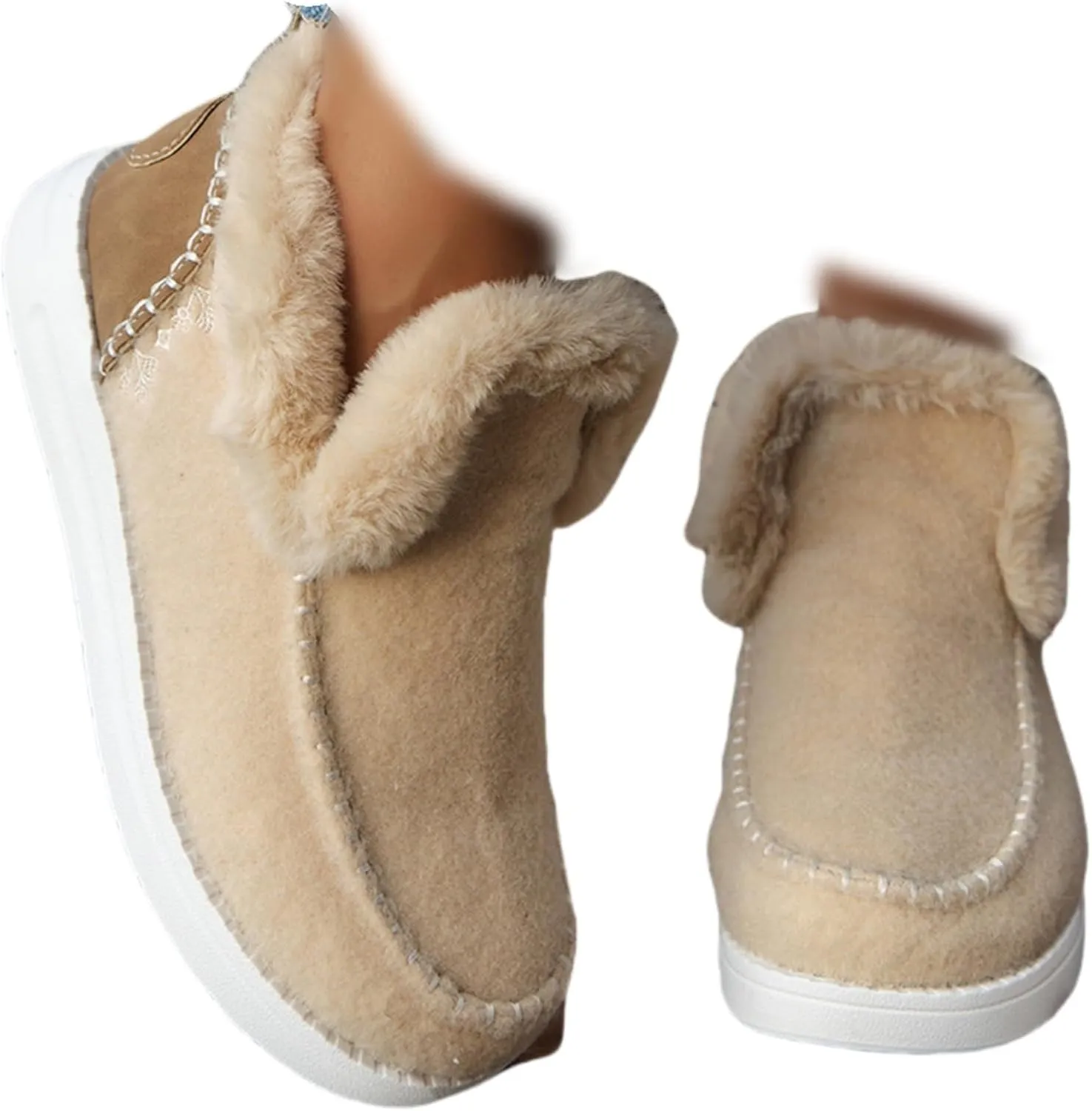 SACFOF Womens Winter Flat Fluffy Snow Boots,Warm Faux Fur Lining Anti-Slip Slip on Loafer Casual Outdoor Plush Short Booties