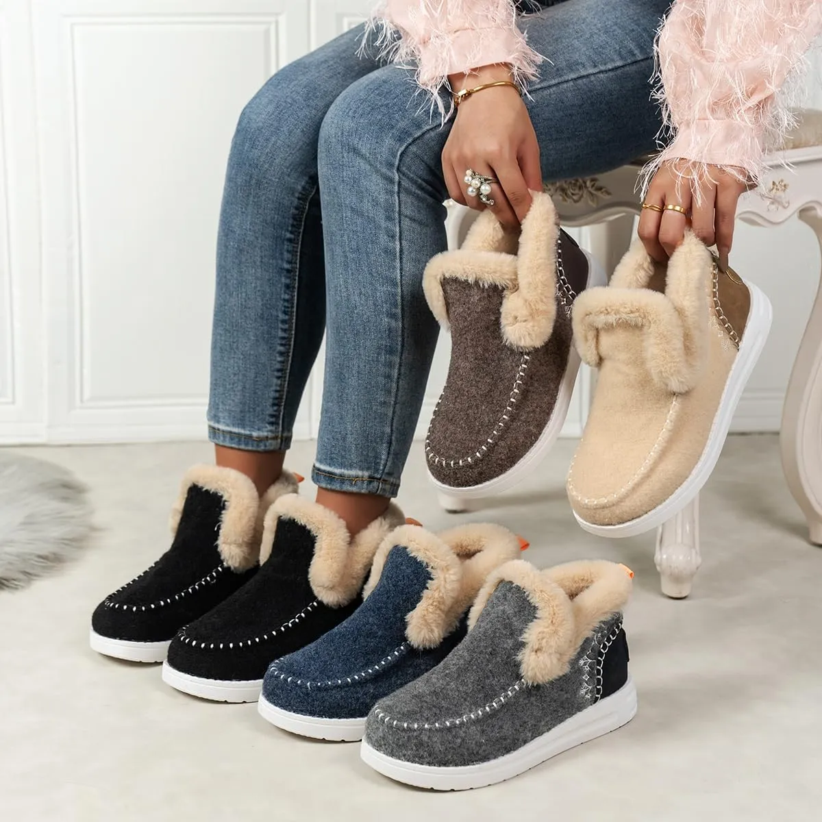 SACFOF Womens Winter Flat Fluffy Snow Boots,Warm Faux Fur Lining Anti-Slip Slip on Loafer Casual Outdoor Plush Short Booties