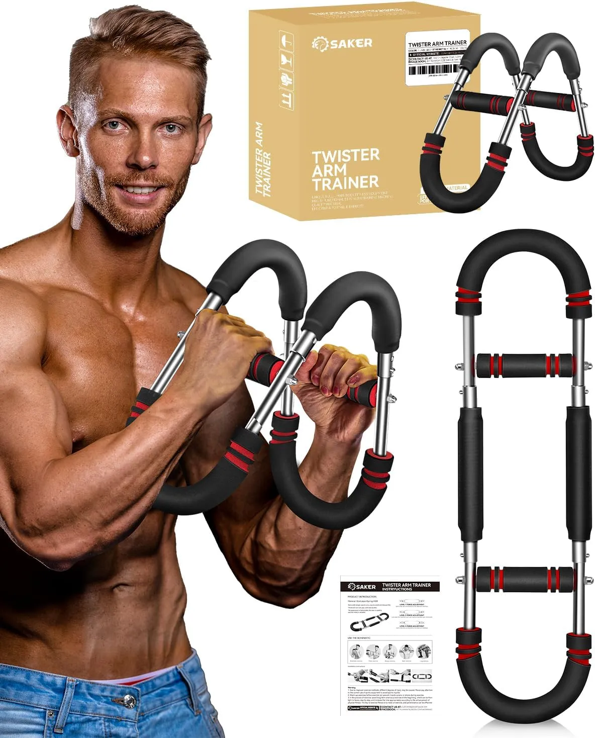Saker Twister Arm Trainer, Adjustable Chest Workout Equipment, Forearm Strengthener, Portable Power Twister Bar, Detachable Design Fitness Anywhere