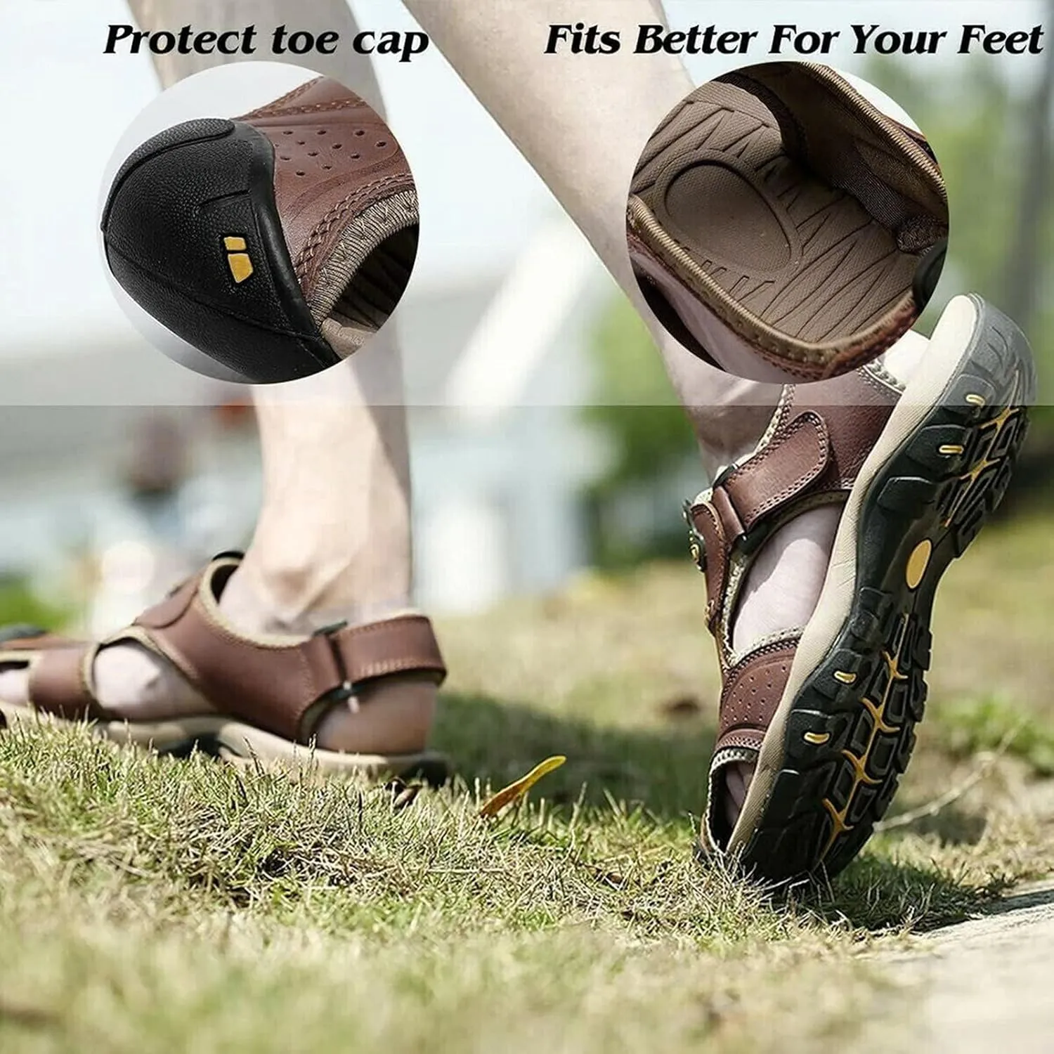 Sandals for Men Summer Comfortable Casual Leather Non-Slip Anti-Kick and Anti-Collision Beach Sandals Protect Toe Cap Fits Better for Your Feets