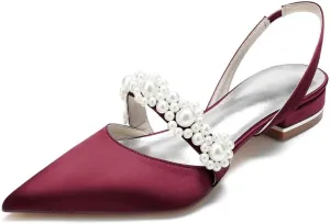 Satin Pearls Wedding Shoes for Bride Flat Pointed Toe Women Slingback Flats
