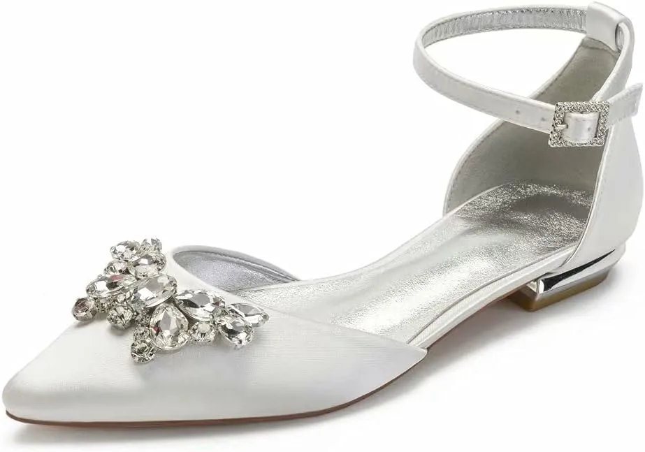 Satin Rhinestones Wedding Flats Shoes for Bride Pointed Toe Prom Evening Bridal Party Dress Flats Women 5047-63