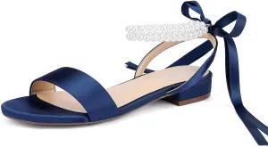 Satin Wedding Flats for Bride Pearl Sandals Open Toe Bridal Shoes Flat Wedding Shoes for Bride