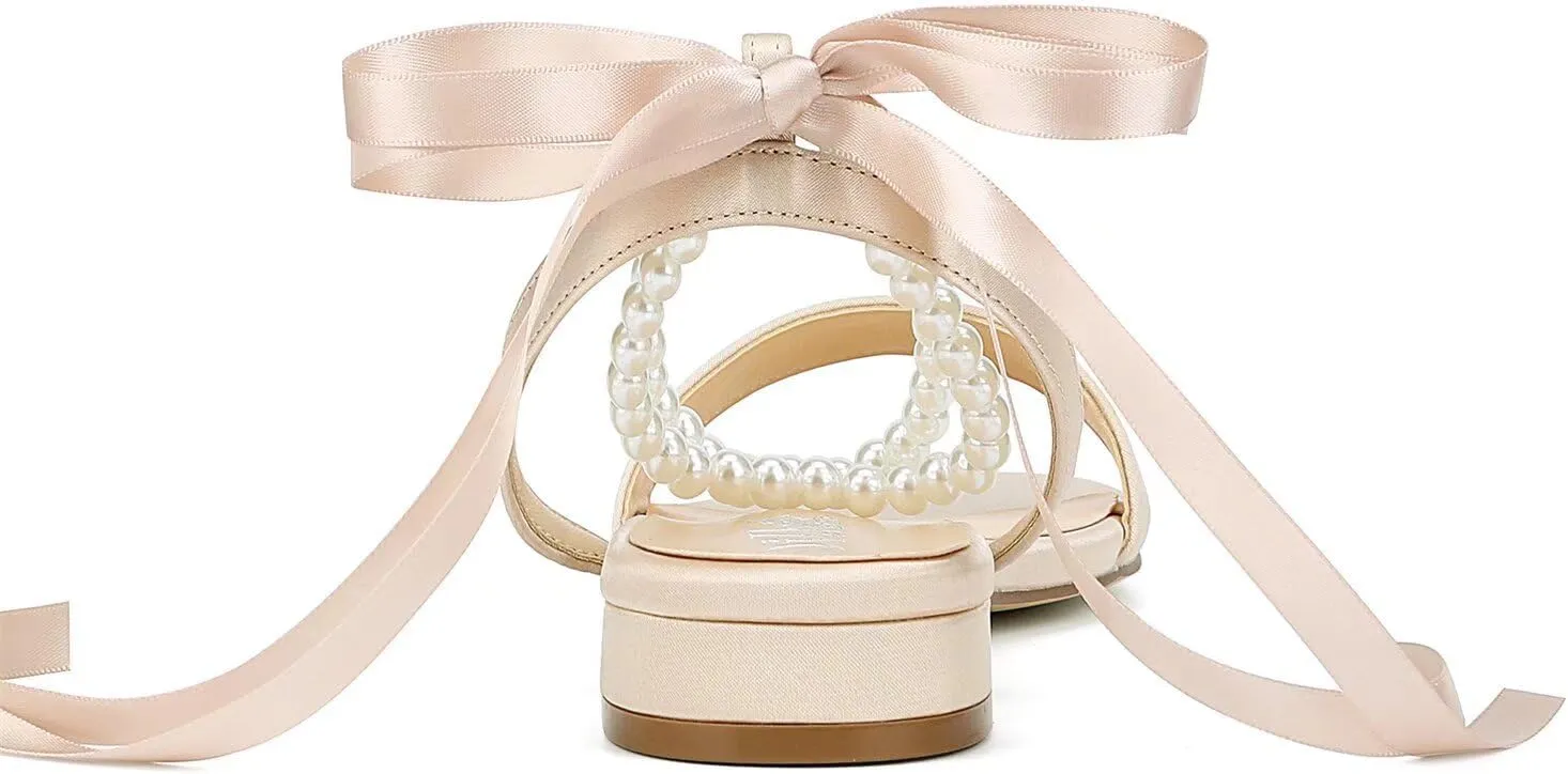 Satin Wedding Flats for Bride Pearl Sandals Open Toe Bridal Shoes Flat Wedding Shoes for Bride