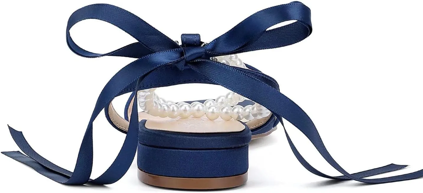 Satin Wedding Flats for Bride Pearl Sandals Open Toe Bridal Shoes Flat Wedding Shoes for Bride